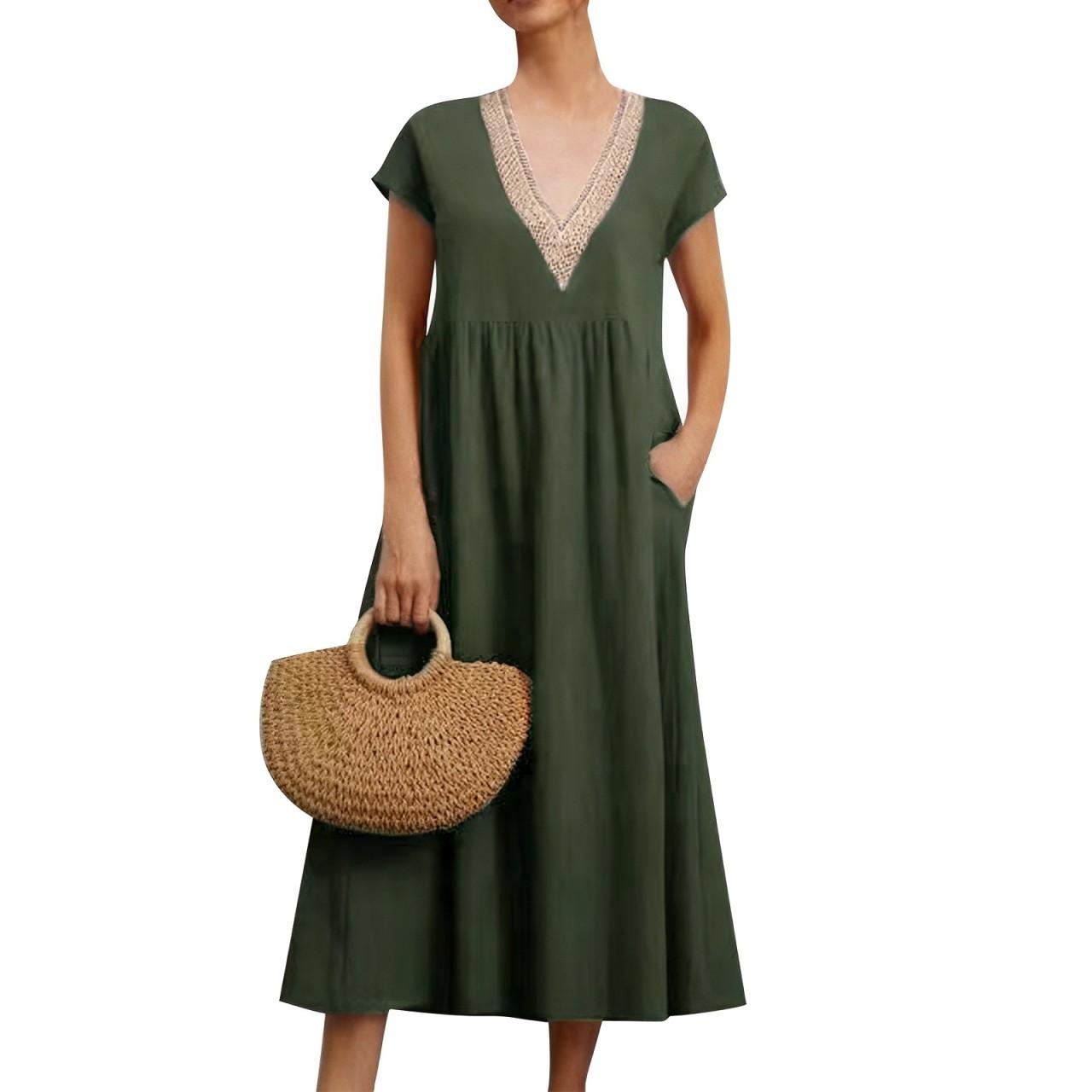 

Women s Solid Color Lace V-neck Sleeveless Loose Cotton And Linen Pocket Dress L армія зелений колір
