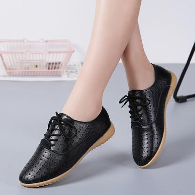 Small Leather Shoes Women's Hollow Breathable Summer Work Shoes Versatile Personalized Casual Shoes Lace-up Flat Shoes