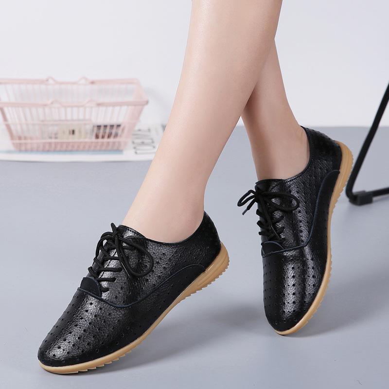 Small Leather Shoes Women's Hollow Breathable Summer Work Shoes Versatile Personalized Casual Shoes Lace-up Flat Shoes