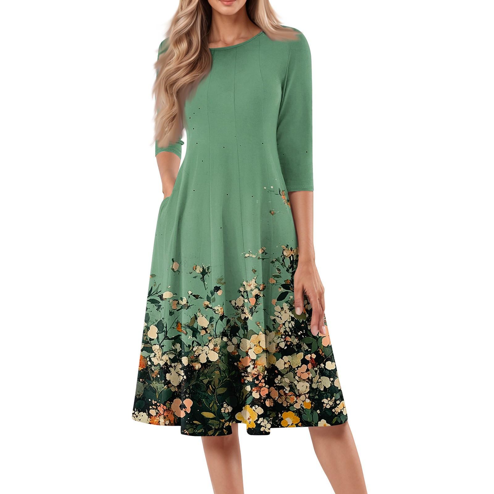 

Женское повседневное модное платье миди с круглым вырезом и рукавом три четверти с цветочным принтом L