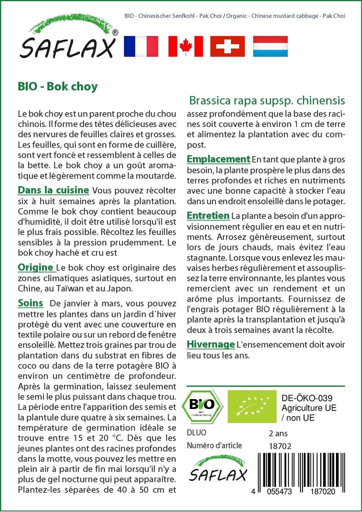 SAFLAX Garden In the Bag - Organic - Chinese Mustard Cabbage - Pak Choi - 300 Seeds - With Substrate In a Fitting Stand Up Bag - Brassica Rapa