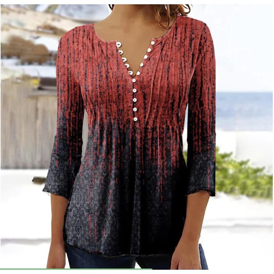 GMXIA Spring Summer Fashion Women's Floral Print V-neck Short Sleeve Pressed Button T-shirt Base