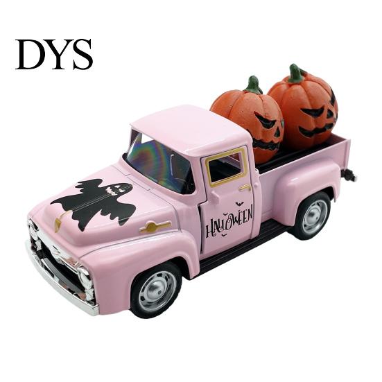 Alloy Vehicle Model Halloween Pick-up Truck Figurine, Holding Pumpkin Vintage Car Statue, Miniature Ornament for Holiday Party Table Centerpiece Metal