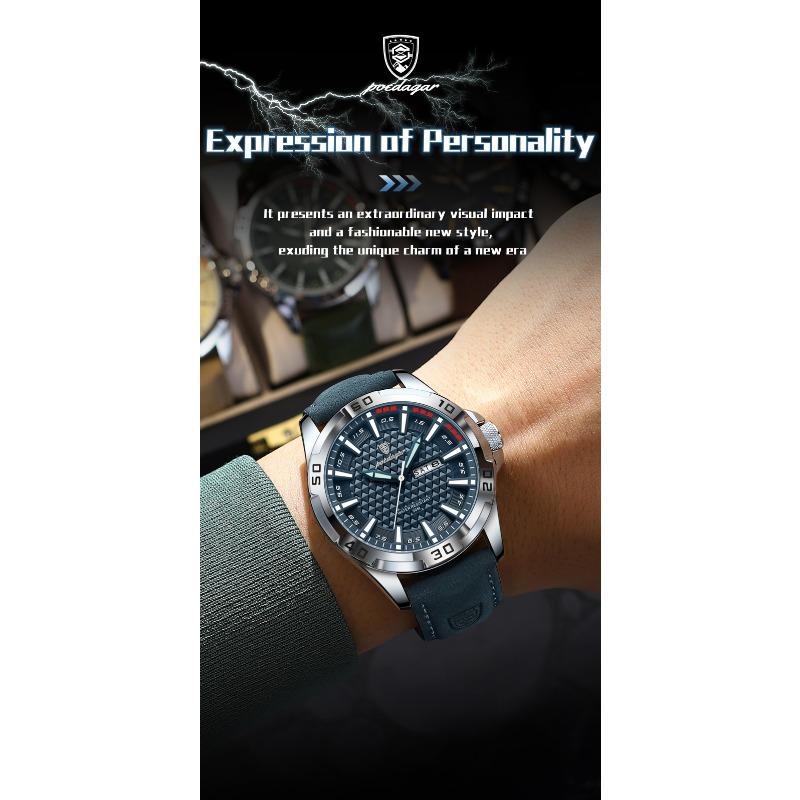 POEDAGAR Original Man Wristwatch Top Luxury Waterproof Luminous Date Week Watch for Men Quartz Sport Leather Watches Reloj