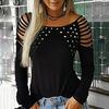 Women Fashion Neck Hollow-Out Studded Long Sleeve T Shirts Casual Tops