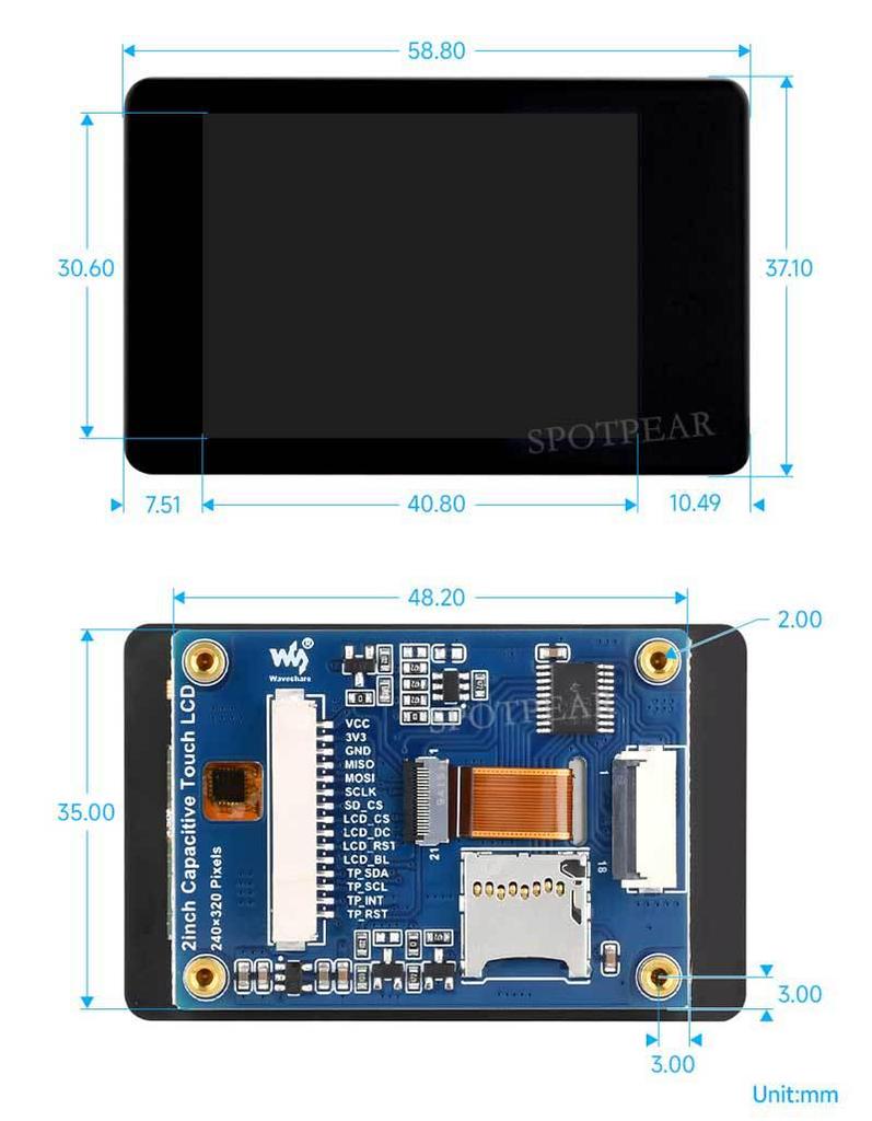 2'' ESP32 LCD Touch Display ST7789 for Arduino/Raspberry Pi/Pico