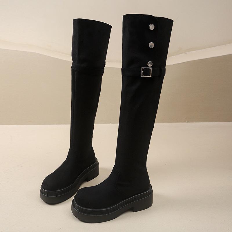 Over-knee boots Women's thick-soled inner height increase Merad long-tube boots thick-soled large-tube circumference widened fat mm large size velvet