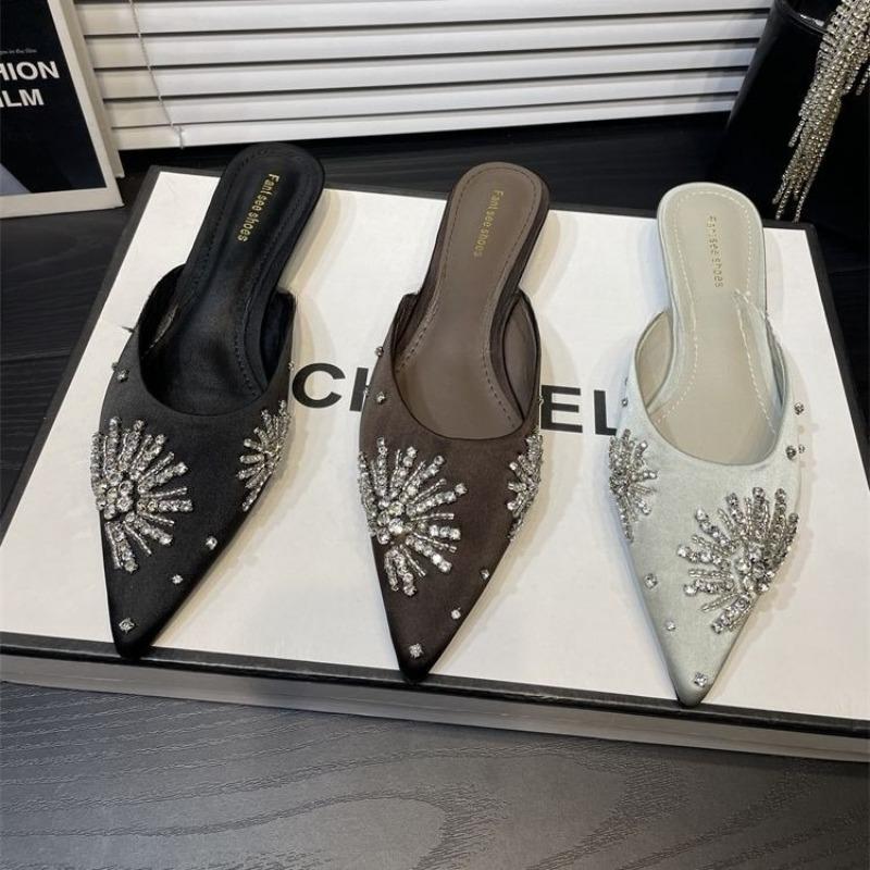 Luxury Crystal Women Mules Shoes Pointed Toe Heeled Sandals Sexy Slippers 2025 Summer New Trend Slingback Party Shoes Zapatillas