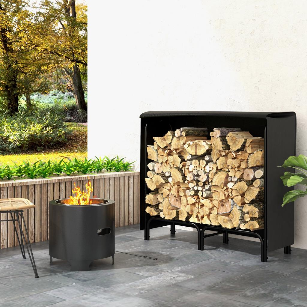 Firewood Rack, 0.33 m³, with Carrying Bag & Cover, Metal Frame, up to 150 kg, 120 x 36 x 99 cm, Black
