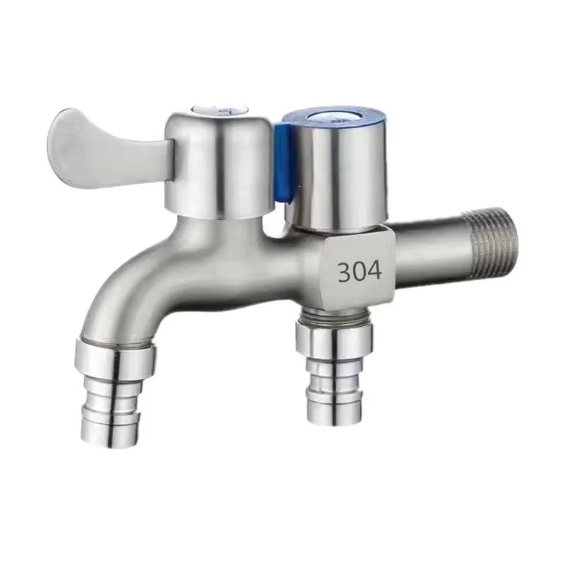 Stainless Steel Faucet Double Outlet Dual Control Water Tap One In Two Out Faucet 1/2" Bidet Faucets Bathroom Accessories