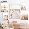 Beige Landscape Posters Sea Beach Bridge Canvas Picture Hay Reed Wall Art Flower Print Painting Nordic Poster Living Room Decor