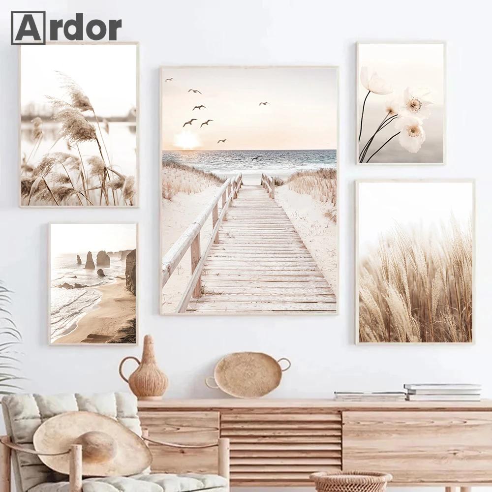 Beige Landscape Posters Sea Beach Bridge Canvas Picture Hay Reed Wall Art Flower Print Painting Nordic Poster Living Room Decor