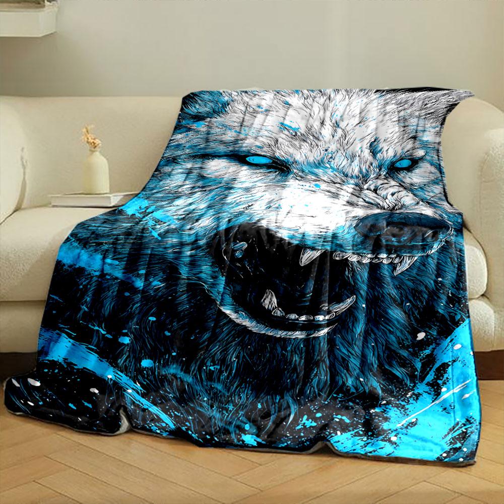 Ferocious Blue-Eyed Wolf Design Blanket print blanket soft and cozy perfect for the living room bed sofa or a nap,gift
