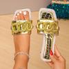 Large size flat bottom slippers female 2025 new square head rhinestone one word drag 43 yards cool slippers