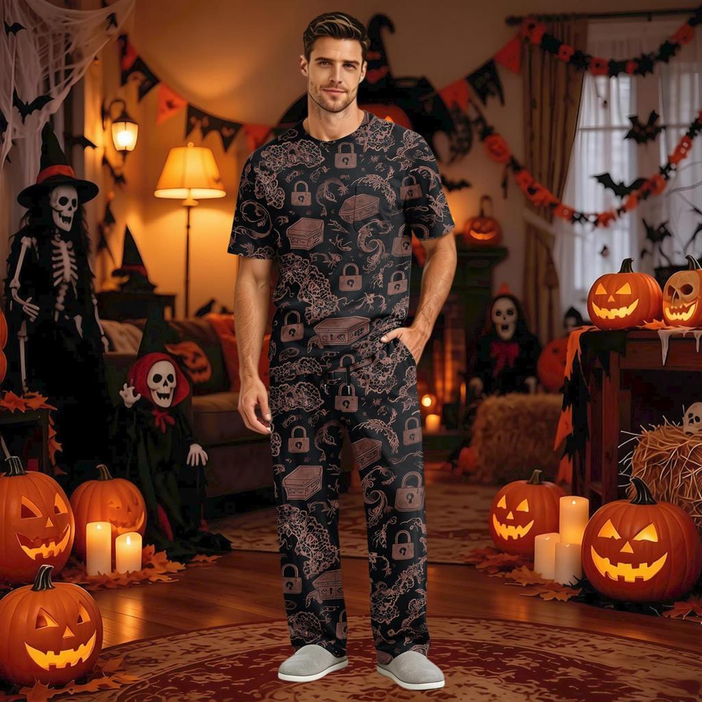 Men's Home Pajama Set, Short Sleeve Top and Long Pants with Button Fly and Drawstring Waist