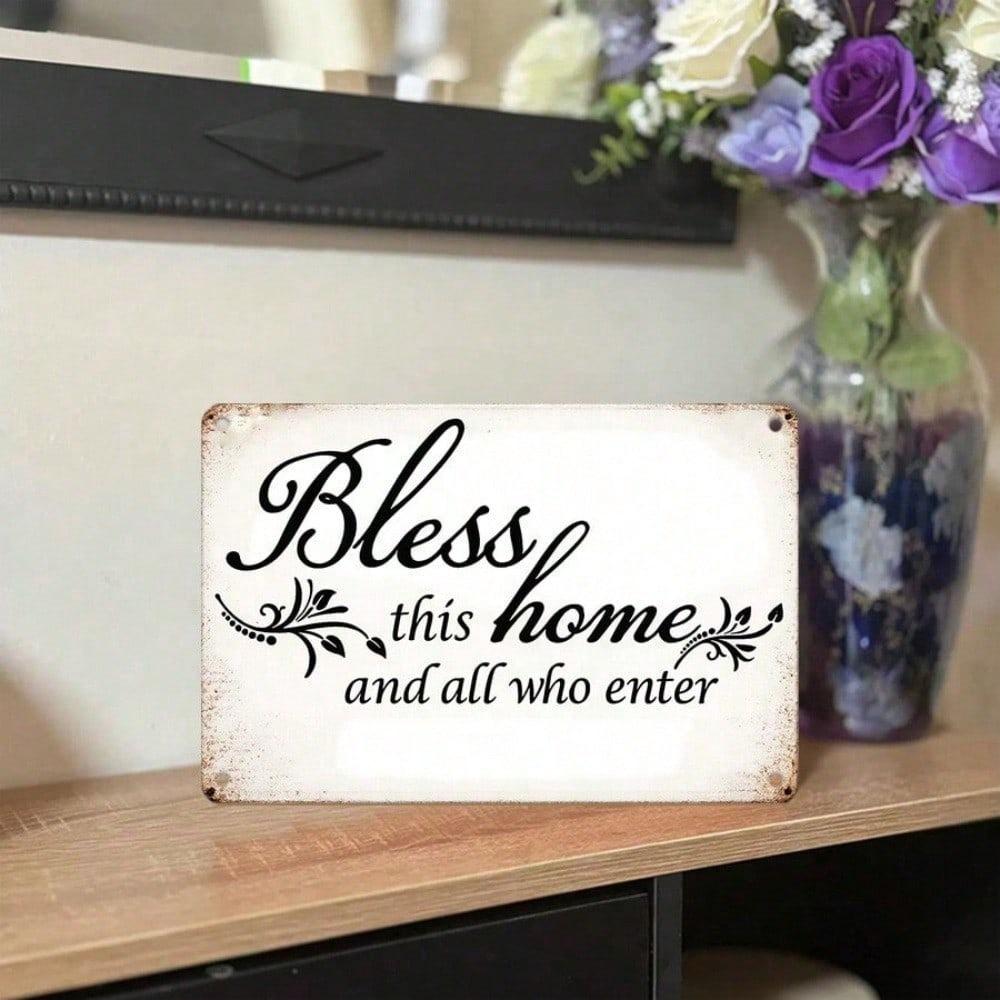 1pc Bless This Home 2D Flat Vintage Metal Tin Sign, Inspirational Quote Wall Art Plaque, Retro Decor for Living Room Kitchen