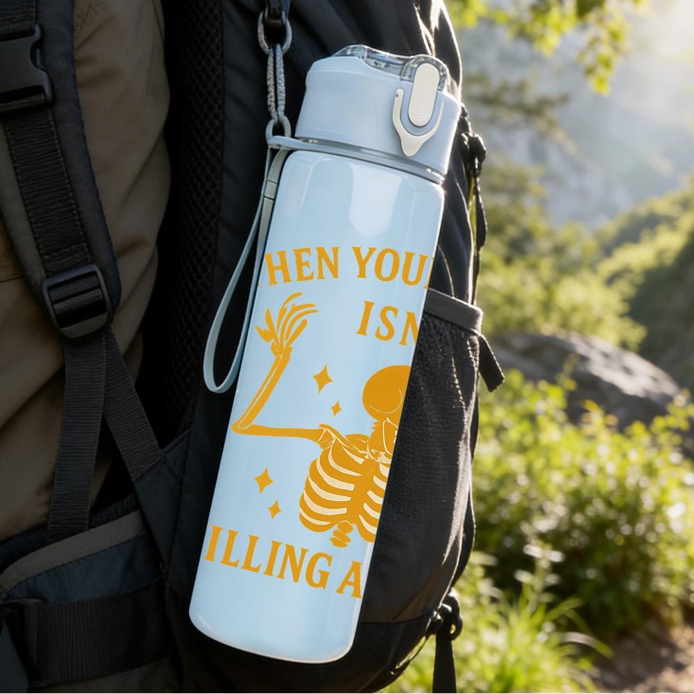 1PC Wheres Your Kindness Skeleton Print 750ml Color Plastic Sports Water Bottle Leakproof Flip Straw Lid Suitable for Sports Office Home Use