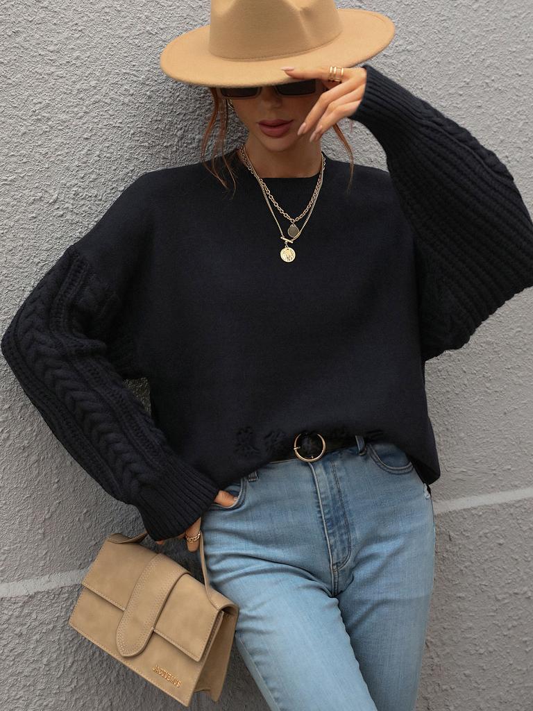 Autumn and Winter Solid Color Knitted Sweater Women's Long-sleeved Thick Needle Round Neck Twisted Rope Top European and American Sweater Women