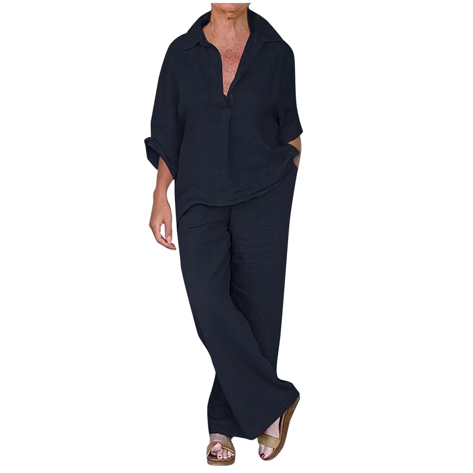 

Женский хлопковый льняной костюм из 2 предметов, летний деловой деловой костюм, уличная одежда, комплект из топа и брюк на пуговицах S