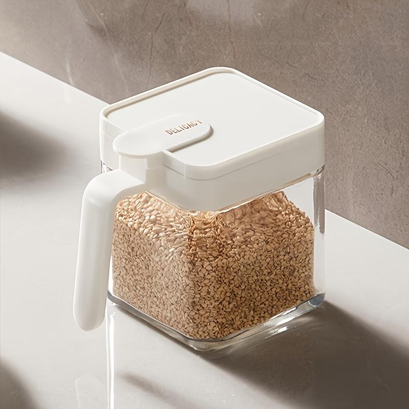 

1 шт. Элегантная стеклянная банка для специй с крышкой и ручкой-ложкой, прочная, влагостойкая, конструкция для открывания одной рукой для хранения на кухне белый