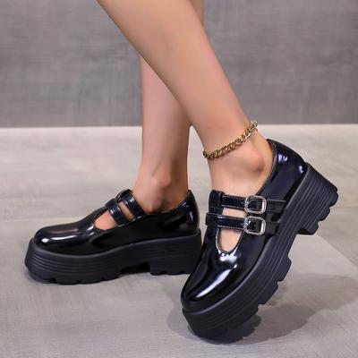 Mode Doppel Schnalle Chunky Plateau Pumps Frauen Lackleder Dicke Unterseite Gothic Schuhe Frau Punk Dicken Absätzen Mary Jane Schuhe
