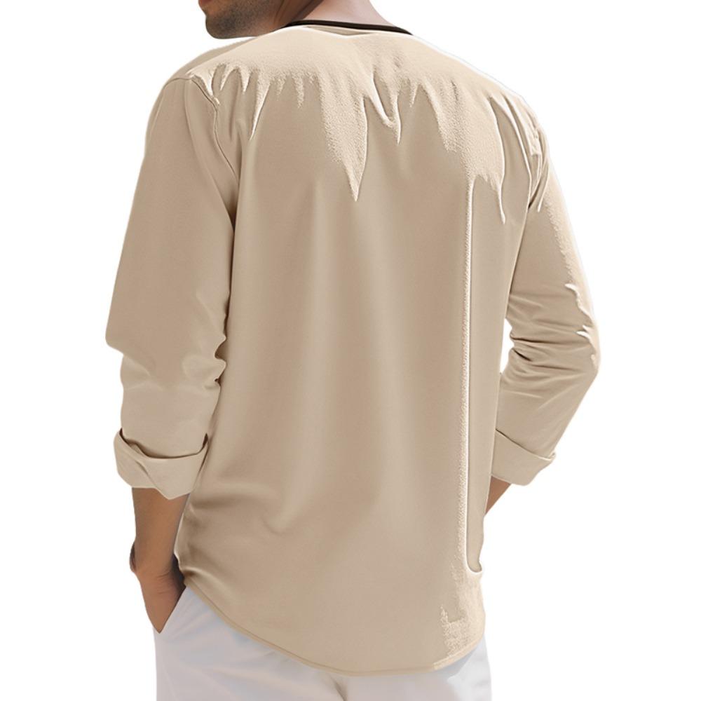 Pánské módní tričko s límečkem henley 95% len s dlouhým rukávem podzimní volné ležérní prošívané tričko pánské oblečení