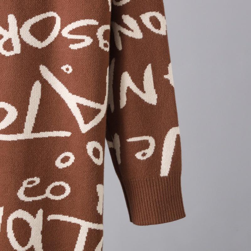 Autumn Winter Women High Neck Vintage Knitted Pullover Long Sleeve Letter Graffiti Sweater Dress