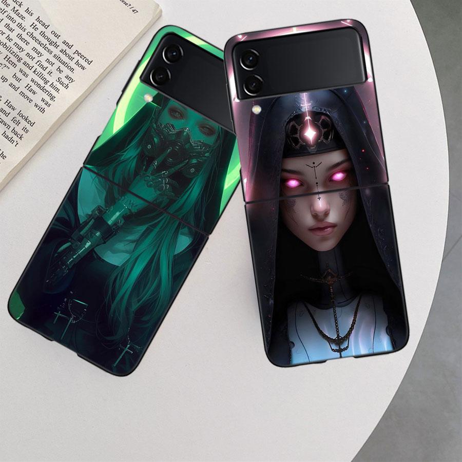 Dark Nun Phone Case For Samsung Z Flip 7 6 5G Galaxy Z Flip 5 4 3 Black Hard Cell Cover Luxury PC Shell Coque