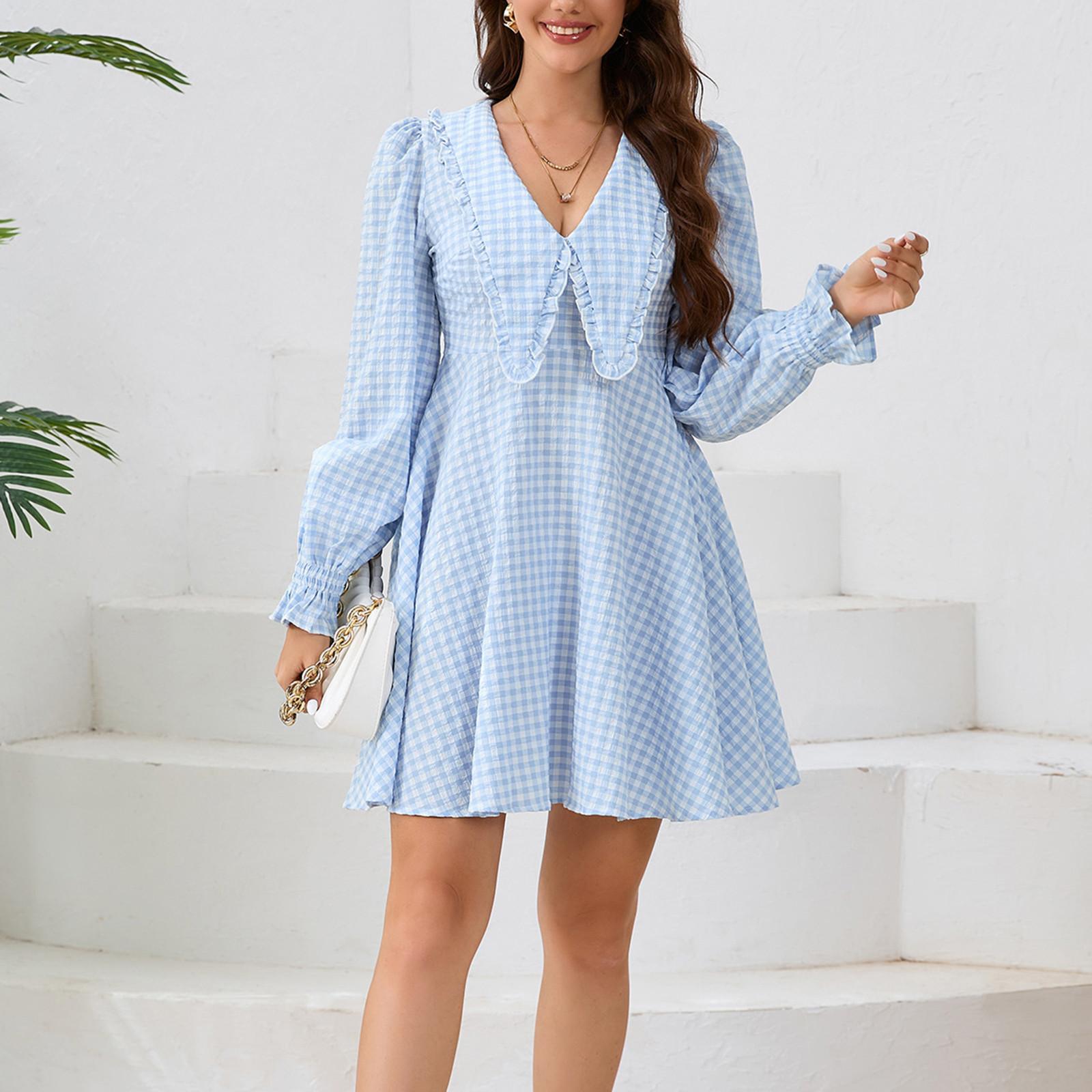 

Женские модные элегантные платья с V-образным вырезом и длинным рукавом, с отворотом и косым подолом XXL синий