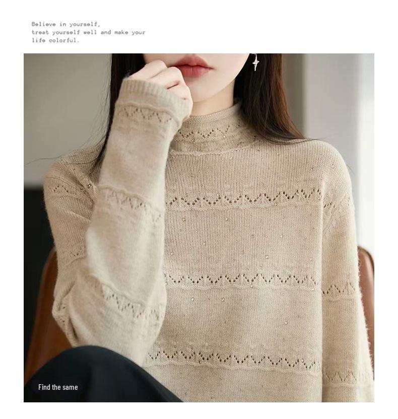 Women's Rhinestone Hollow Crochet Half-High Collar Sweater - Autumn/Winter Knitwear Top