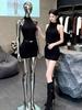 Elegant Korean Style Halter Sleeveless Knit Dress with Lace Open Back and Hip-Exposed Short Skirt