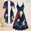 Women Plus Size Two Piece Set Short Sleeve Open Cardigan V Neck Strappy Flared Printed Dress Red Blue White