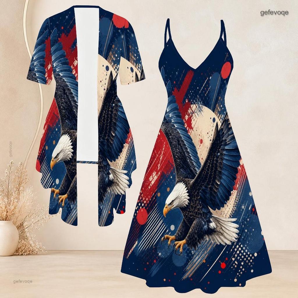 Women Plus Size Two Piece Set Short Sleeve Open Cardigan V Neck Strappy Flared Printed Dress Red Blue White