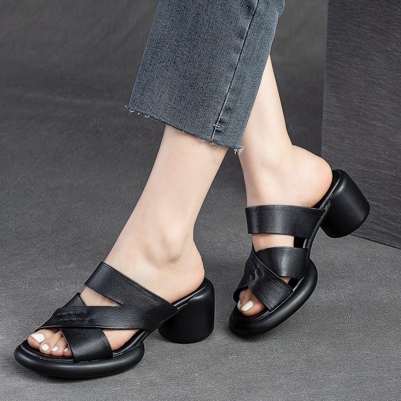 Hollow Out Oddychające kapcie na wysokim obcasie Prawdziwej skóry Peep Toe Casual Slajdy Wszechstronne buty damskie