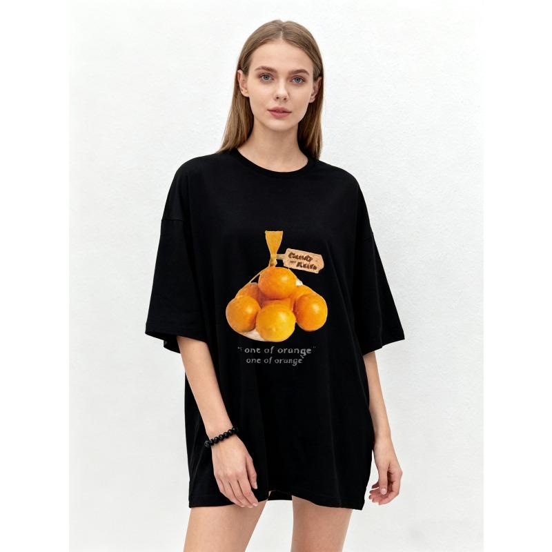 Oversized T Shirt Black Orange Fruit Print With Candy House Text And One Of Orange Quote Casual Everyday Wear