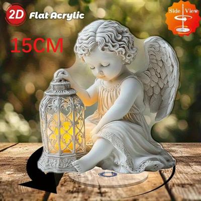 Elegant 2D Acrylic Rotating Angel with Lantern, Stable Lightweight Base Decor for Home, Office, Church & Cemetery, Perfect for Christmas, Weddings