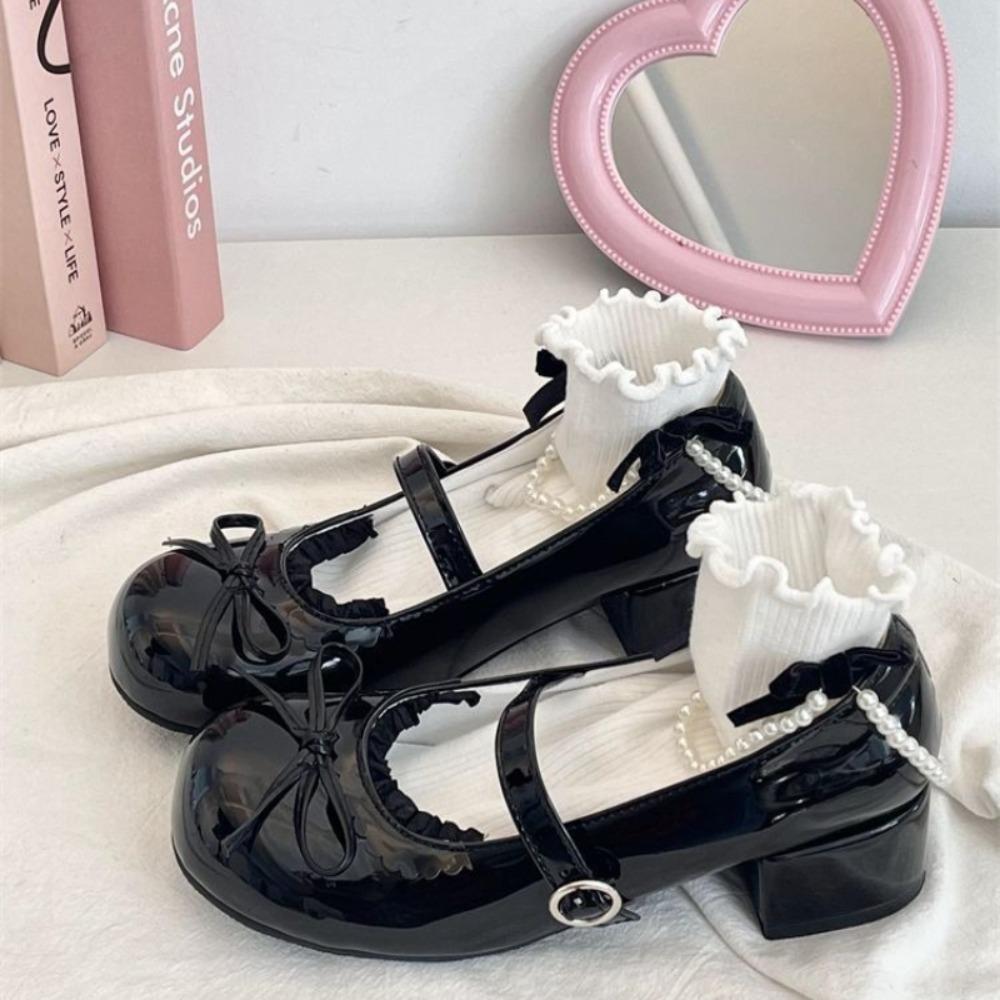 

2025 Lolita Style Women s Cute Round Head Jane Pumps with Bow Sweet Party Dress Midi Heels Fashion PU Sandals 35 чорний