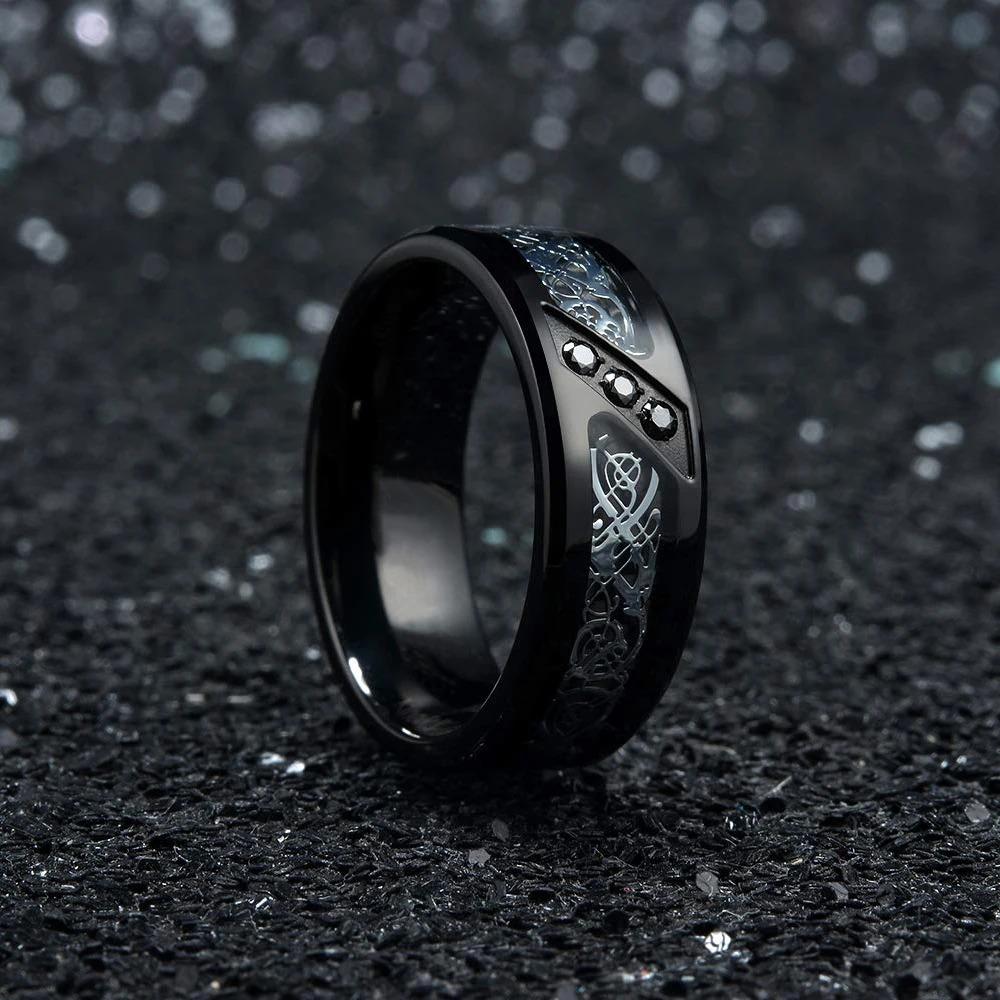 Mode 8mm Schwarze Wolfram Hochzeitsringe Keltischer Drache Eingelegter Blauer Zirkon Edelstahlringe für Männer Schwarzer Kohlefaserring