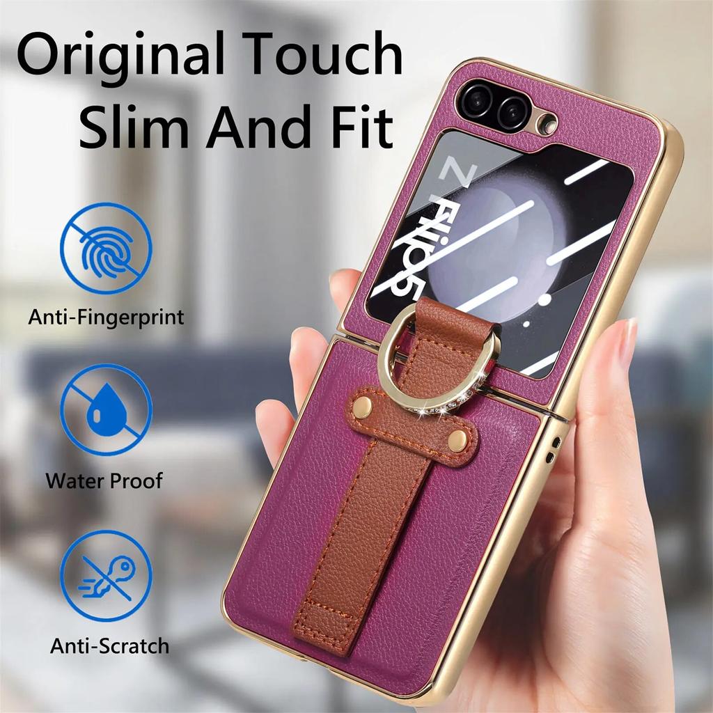Anti-Knock Portable Bling Ring Case for Samsung Galaxy Z Flip 5 Flip4 Flip5 Flip 4 5G Leather Cell Phone Cover Glass Film