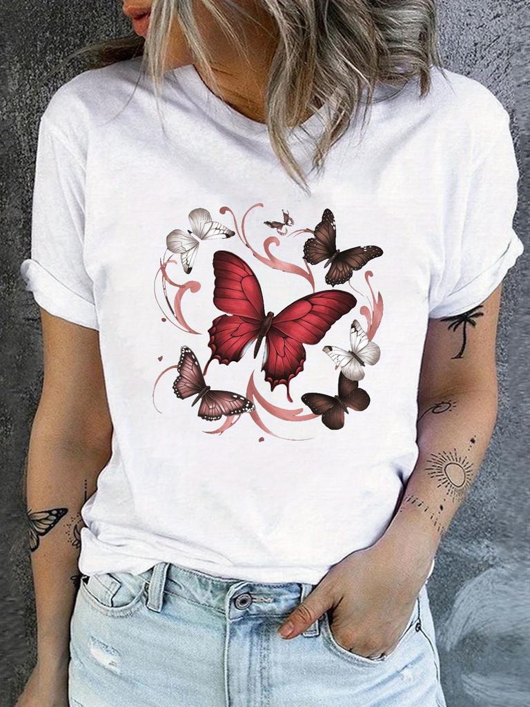 Butterfly Print Crew Neck Casual Short Sleeve for Harajuku Short Sleeve Casual T-shirt Clothing Street Tops Aesthetic Clothes