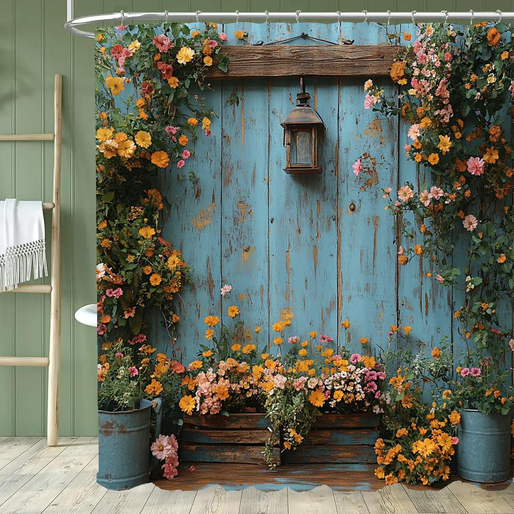 Cortina de Ducha Jardín Sereno - Con Ganchos, Vibrante Natural Rústico Patio y Flores Cortinas de Baño Decoración del Hogar Cortina