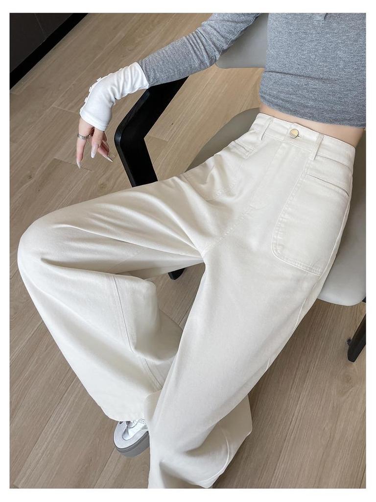 Women's Off-White Washed High-Waist Wide-Leg Jeans - Slimming, Versatile, Straight-Leg Casual Autumn Pants
