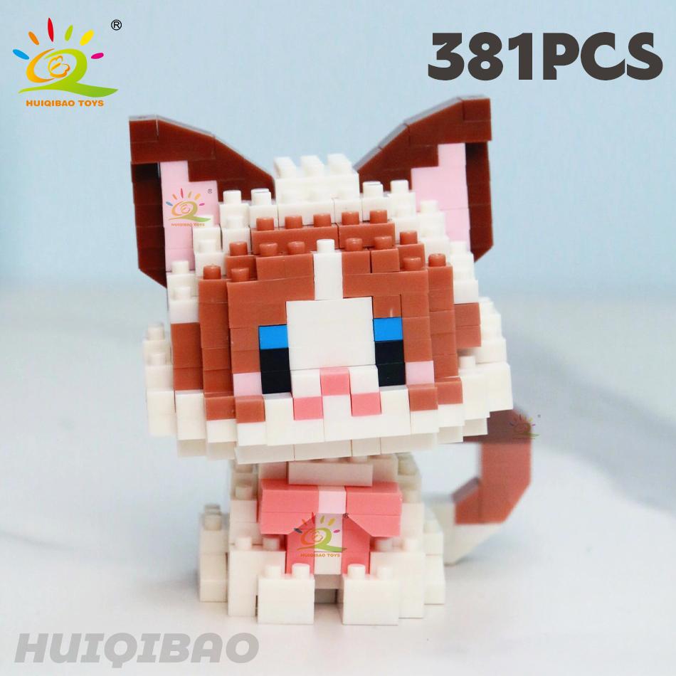 HUIQIBAO Cute Cat Micro Model Building Block Kids Mini Pets City Cartoon Animal Diamond Bricks Educational Toys Children Gift