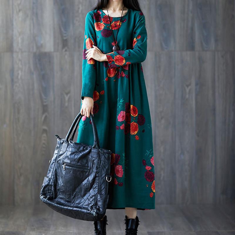Ladies Spring and Autumn Long-sleeved Dress Retro Loose Large Size Ethnic Style Long Print New A-line Skirt