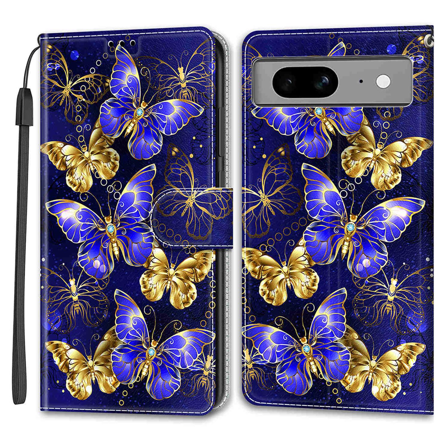 

Card Slots Stand Case for Google Pixel 8 Pattern Printed Leather Phone Cover with Strap Golden Butterflies