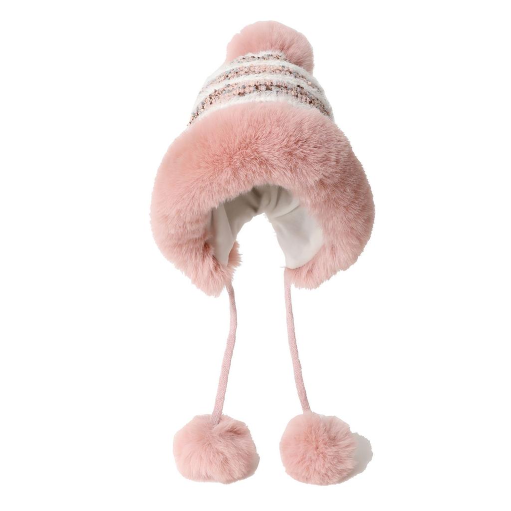 Autumn and Winter Cute Bear Fur Ball Plush Knitted Hat for Women Korean Style Ins Thickened Warm Ear Protection Cold Proof Woolen Hat