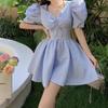 Women's Black Jacquard V-Neck Lantern Sleeve Summer Dress