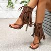 High Quality Faux Suede Ankle Boots Women Vintage Brown Tassel Lace Up Designer Boots Fashion Metal Buckle Open Toe Summer Boots