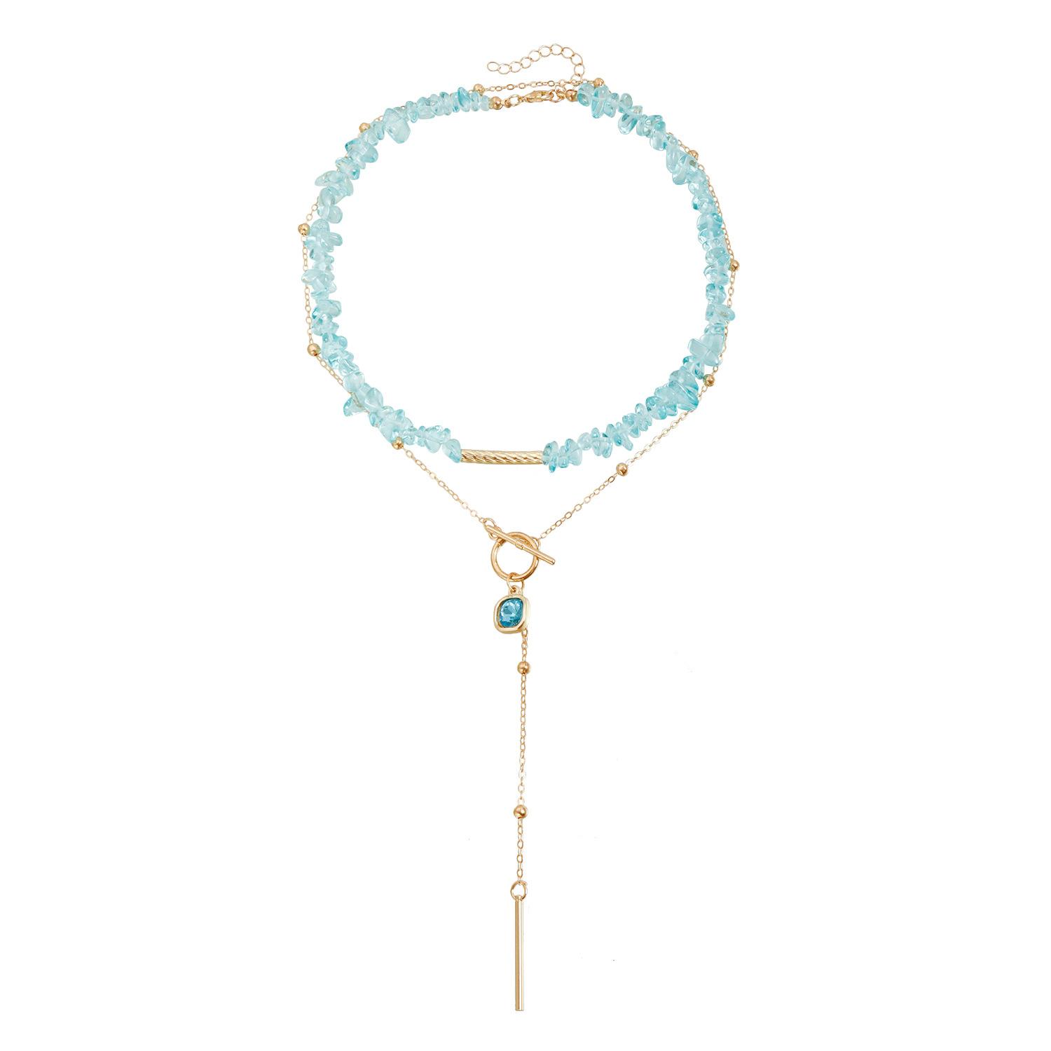 

European and American jewelry niche design blue crystal gravel necklace, multi-layer stacked metal rod OT buckle fringed chain золотой