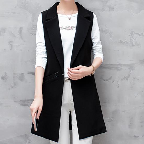 Women Long Suit Coat Sleeveless Mid Length Single Button Sleeveless Thin Pocket Cardigan Lapel Formal OL Commute Style Lady Jacket